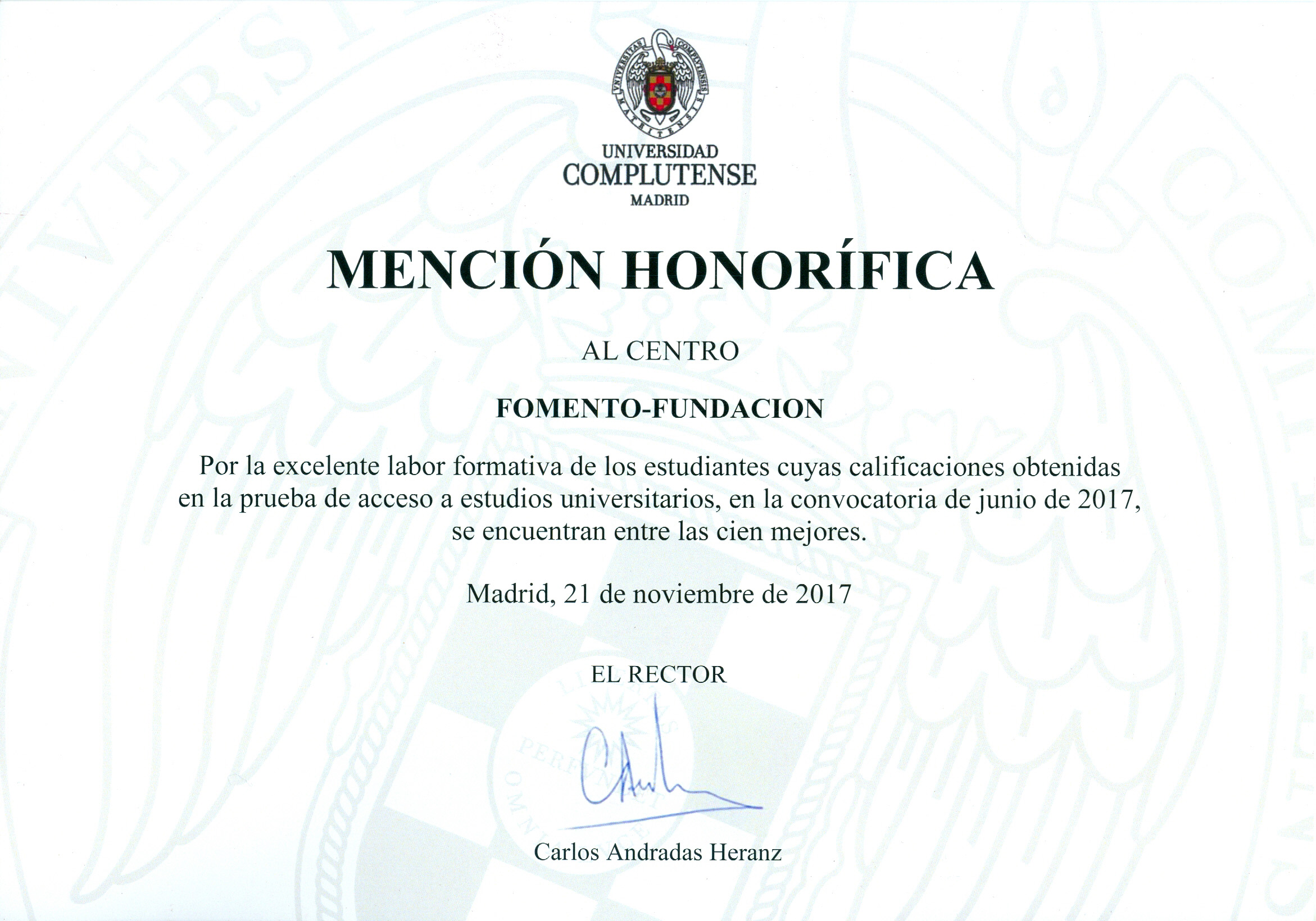 Mención Honorífica de la UCM al Centro de Bachillerato Fomento Fundación 2017