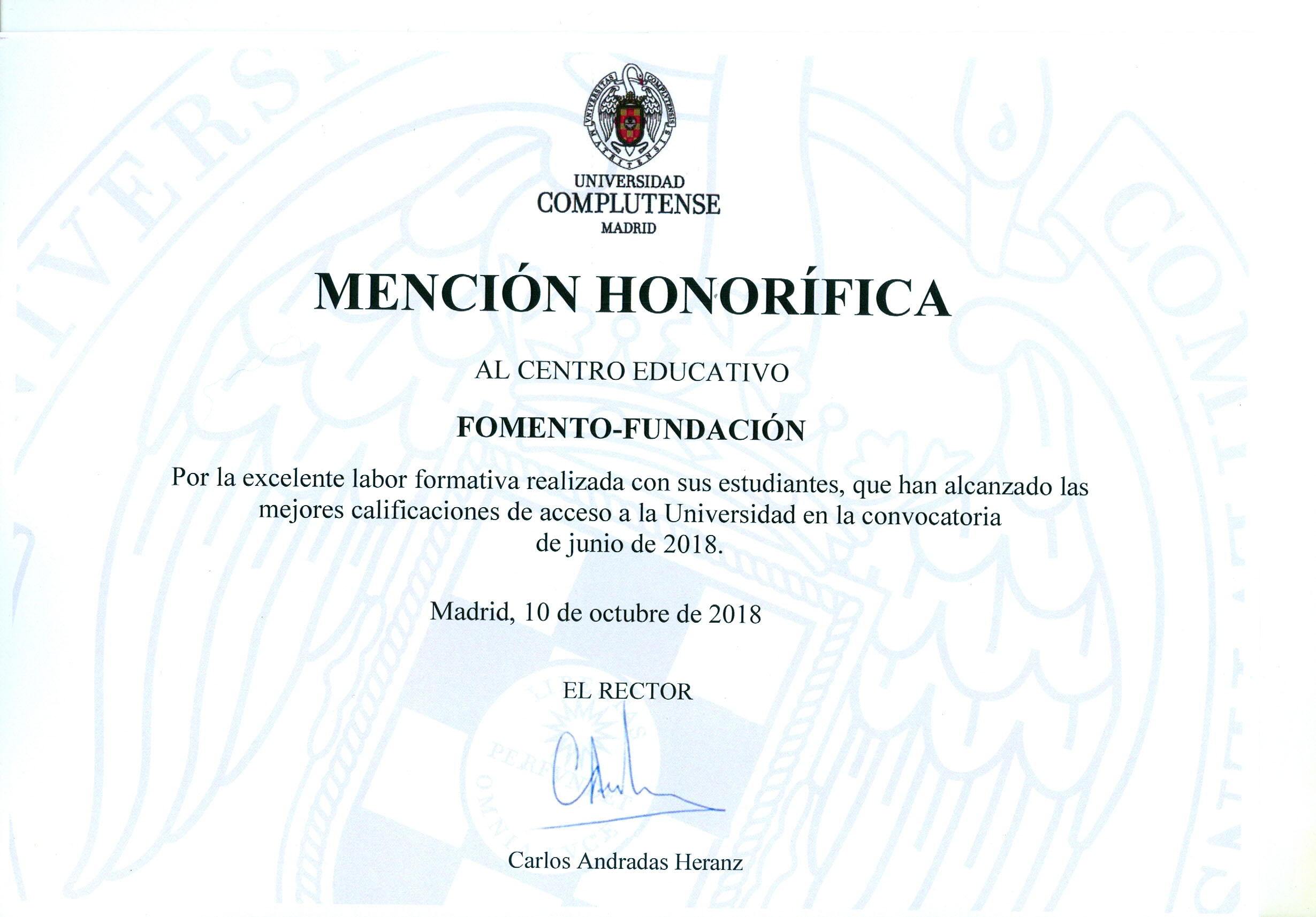Mención Honorífica de la UCM al Centro de Bachillerato Fomento Fundación 2018